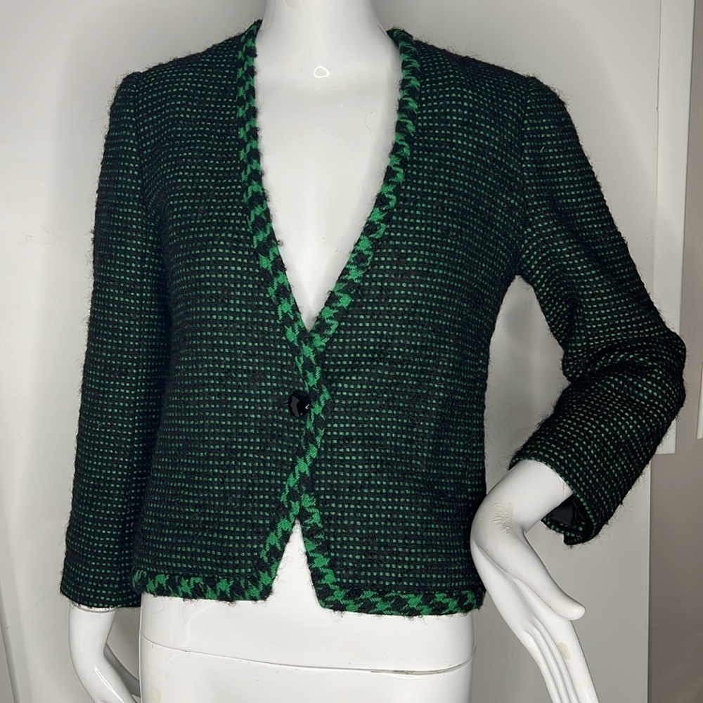 Nina Ricci Boutique Vintage Sz 36 Green Black Wool Boucle Single Button Blazer